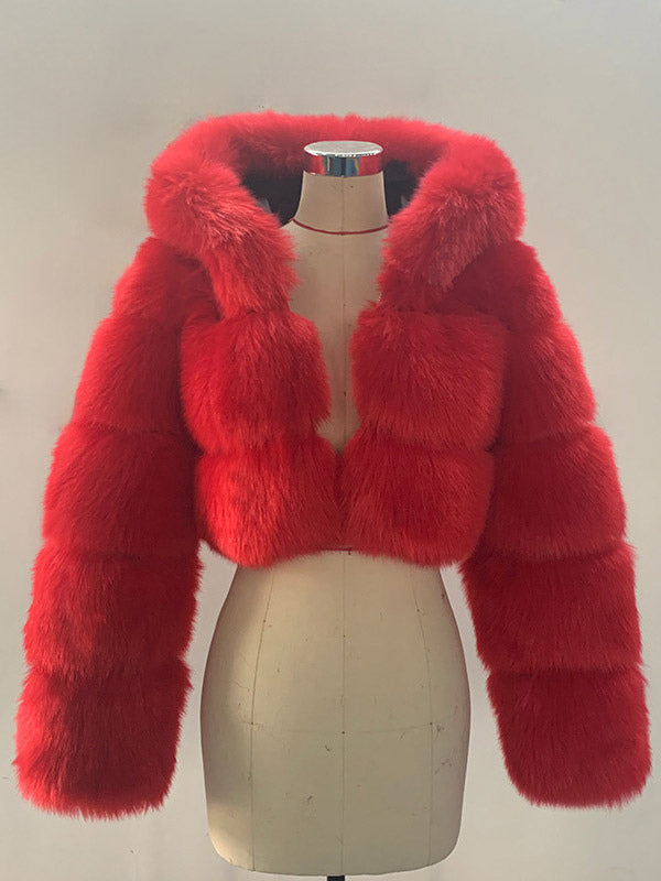 Transparent Long-Sleeve Cropped Hooded Faux Fur Coat — view 4