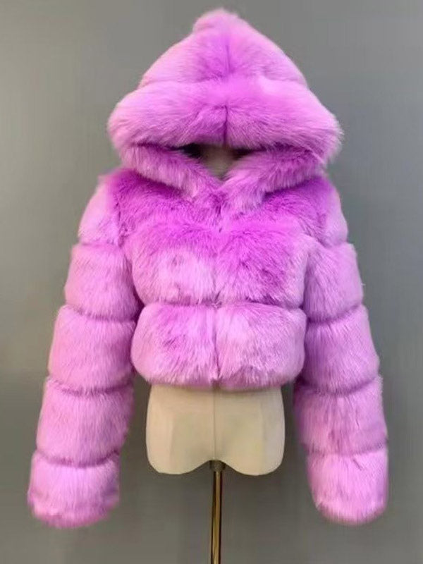 Transparent Long-Sleeve Cropped Hooded Faux Fur Coat — view 15
