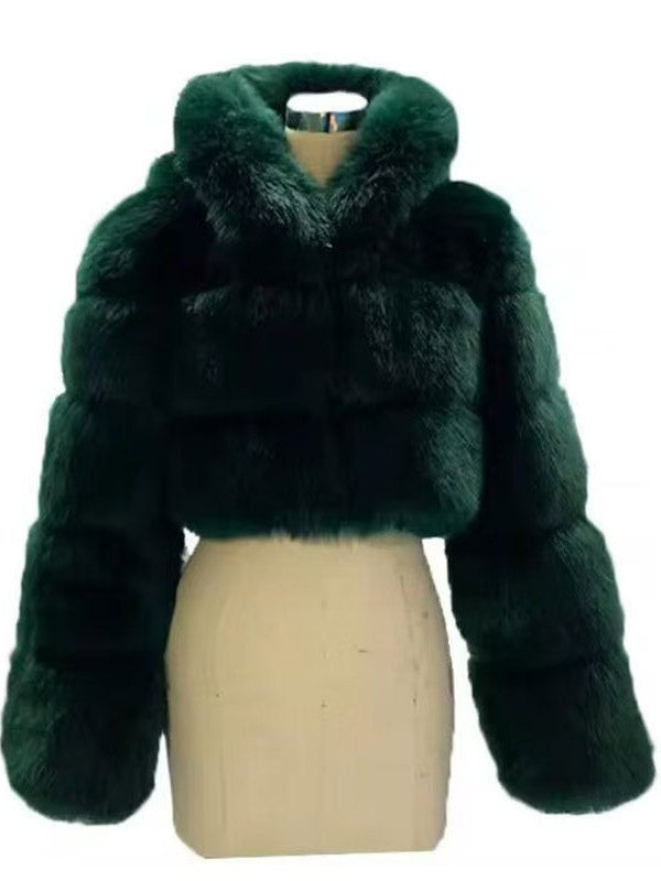 Transparent Long-Sleeve Cropped Hooded Faux Fur Coat — view 3
