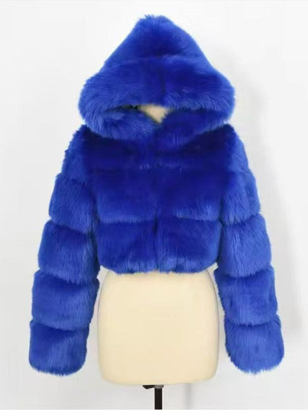 Transparent Long-Sleeve Cropped Hooded Faux Fur Coat — view 9