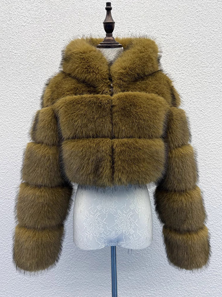 Transparent Long-Sleeve Cropped Hooded Faux Fur Coat — view 7