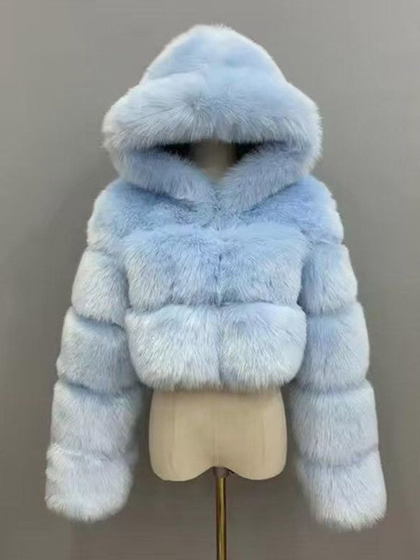 Transparent Long-Sleeve Cropped Hooded Faux Fur Coat — view 12