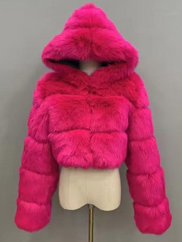 Transparent Long-Sleeve Cropped Hooded Faux Fur Coat — view 5
