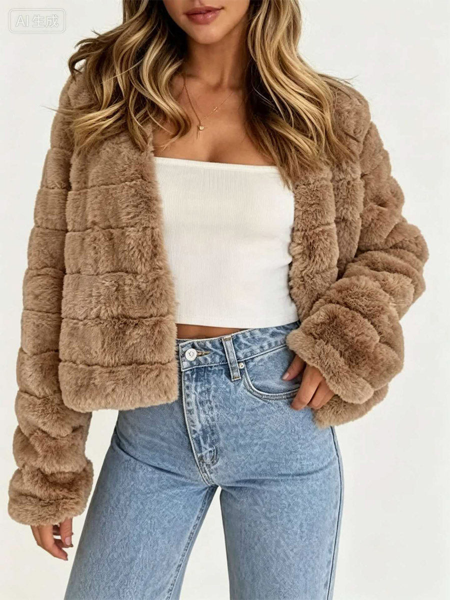 Apricot Long-Sleeve Cropped Striped Faux Fur Coat — view 7