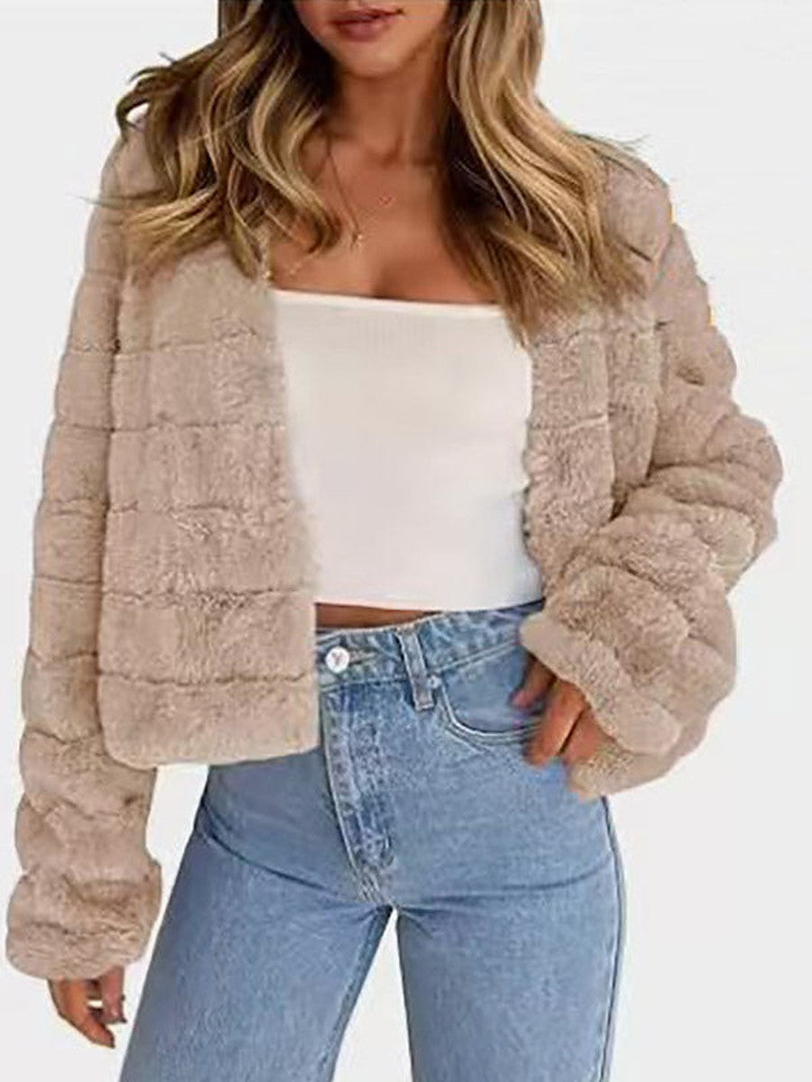 Apricot Long-Sleeve Cropped Striped Faux Fur Coat — view 1