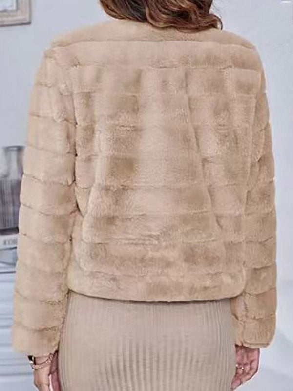 Apricot Long-Sleeve Cropped Striped Faux Fur Coat — view 2