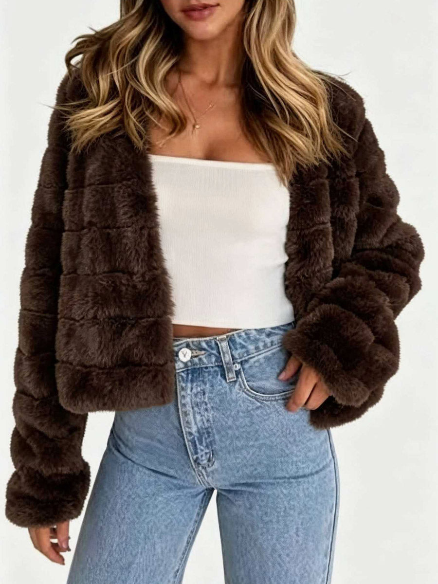 Apricot Long-Sleeve Cropped Striped Faux Fur Coat — view 3