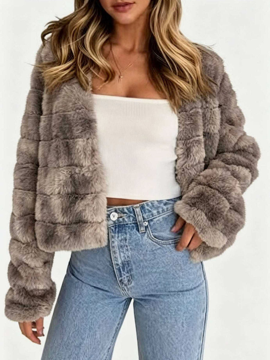 Apricot Long-Sleeve Cropped Striped Faux Fur Coat — view 4