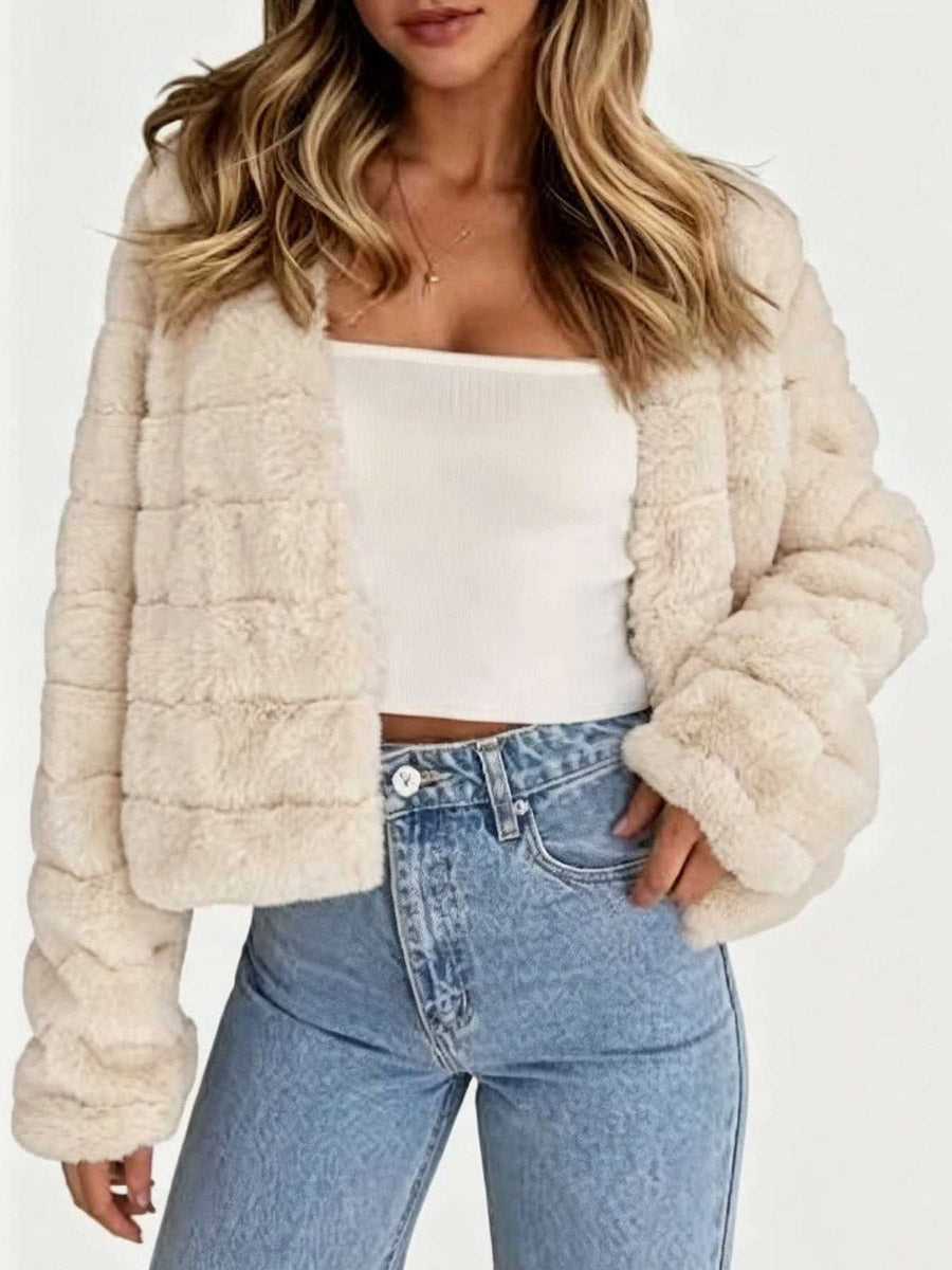 Apricot Long-Sleeve Cropped Striped Faux Fur Coat — view 5