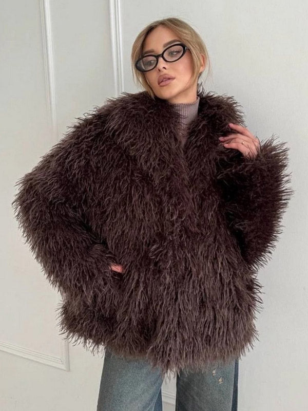 Apricot Long-Sleeve Faux Fur Coat — view 7