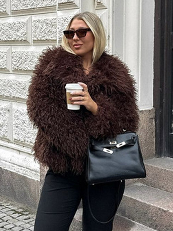 Apricot Long-Sleeve Faux Fur Coat — view 8
