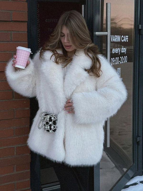 white belted faux fur coat — view 1