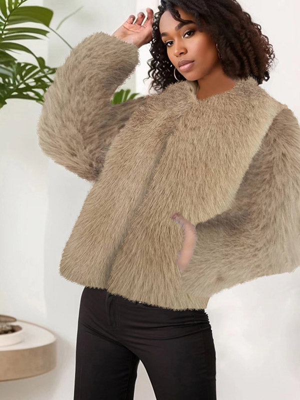 Apricot Long-Sleeve Round-Neck Coat — view 5