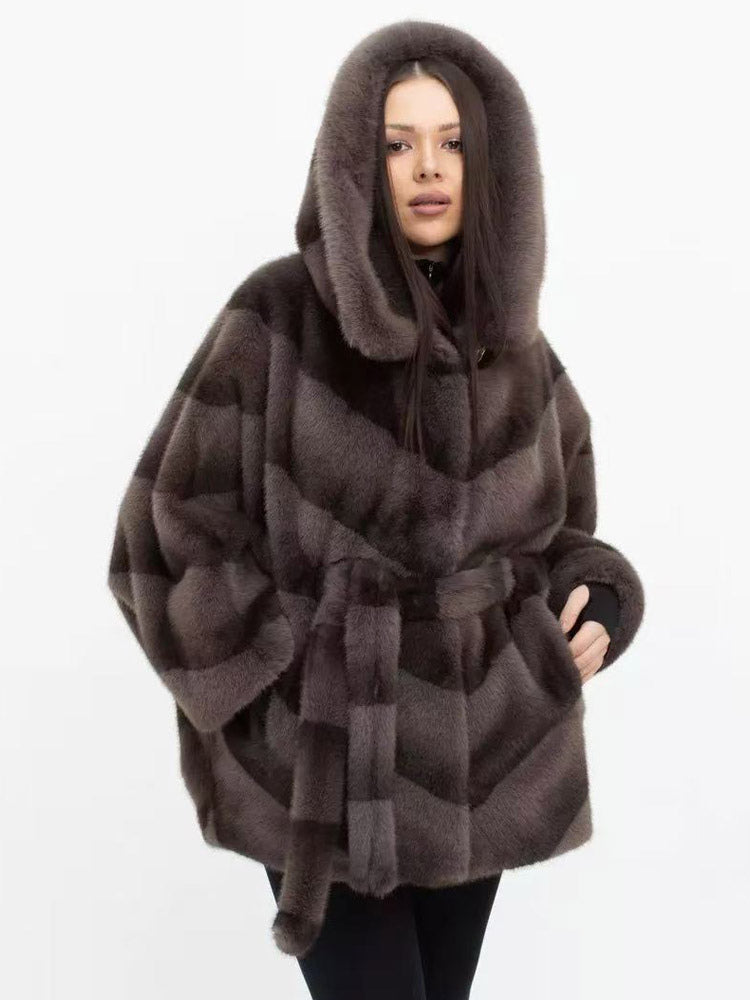taupe belted hooded coat — view 2
