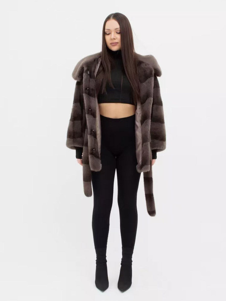 taupe belted hooded coat — view 7