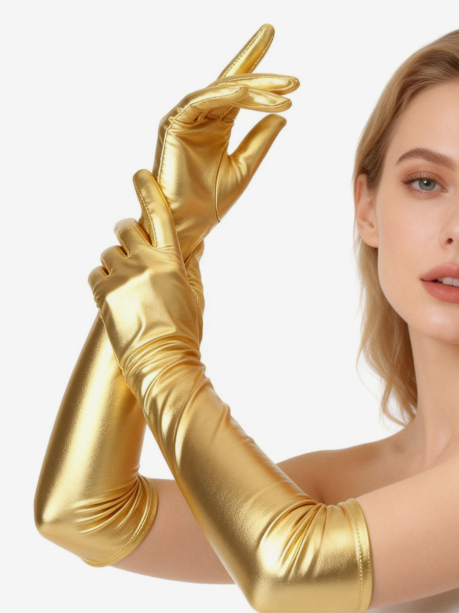 gold metallic longline bow detail gloves — view 2