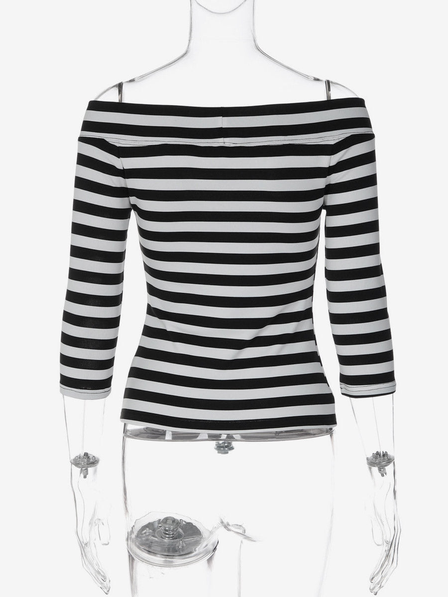 Black Off-Shoulder Fitted Striped Shirt — view 7