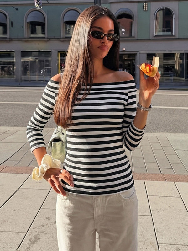 Black Off-Shoulder Fitted Striped Shirt — view 3