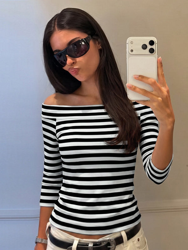 Black Off-Shoulder Fitted Striped Shirt — view 2