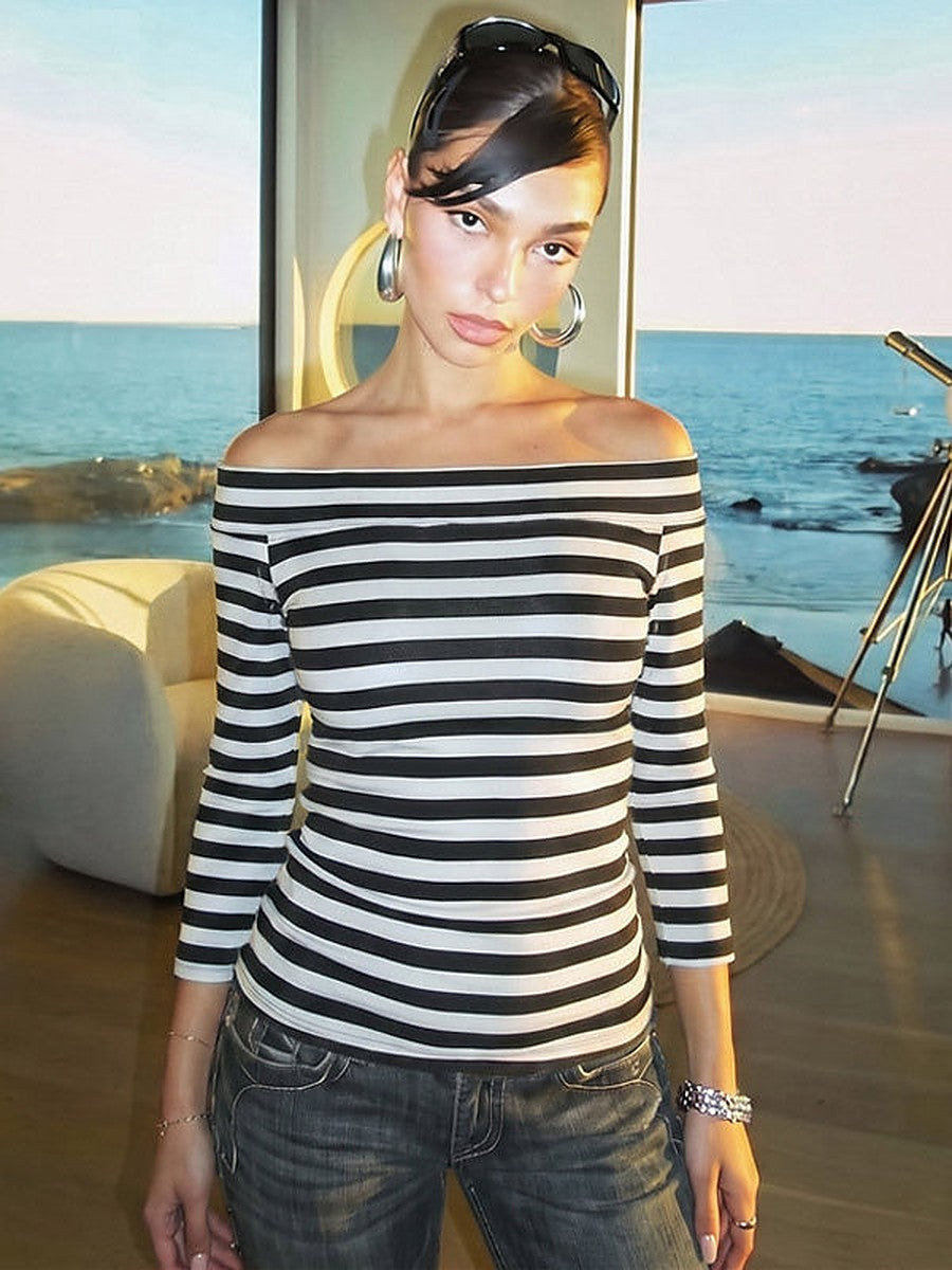 Black Off-Shoulder Fitted Striped Shirt — view 1