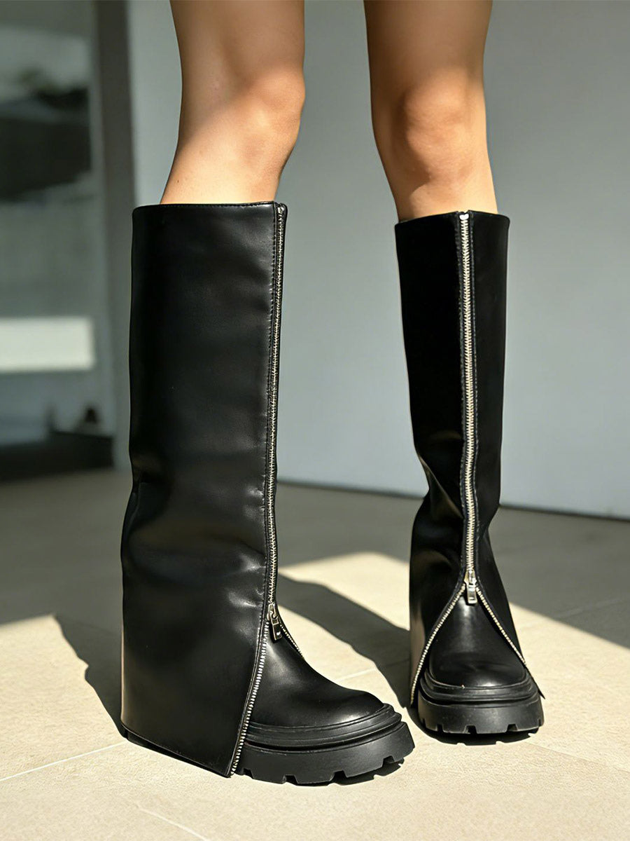 black round toe zip foldover knee high boots — view 6