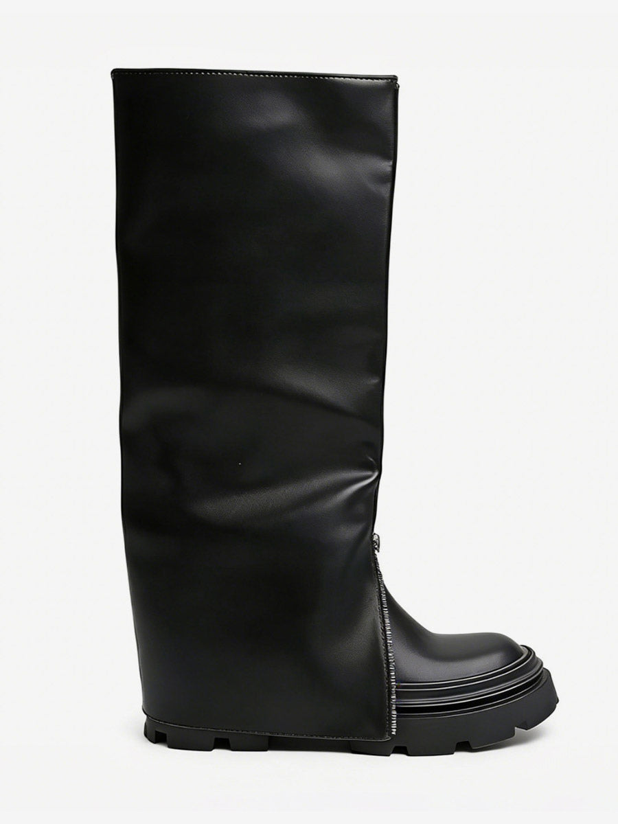 black round toe zip foldover knee high boots — view 5