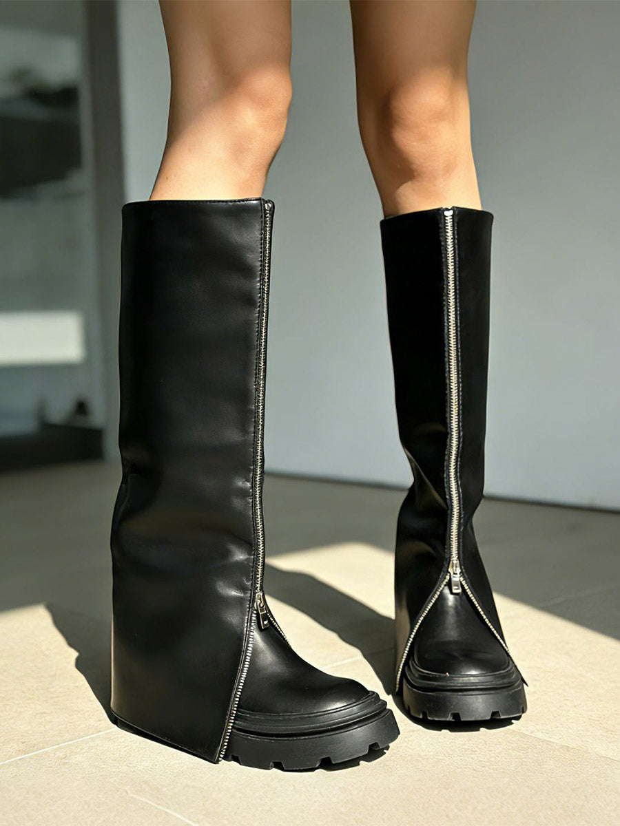 black round toe zip foldover knee high boots — view 4