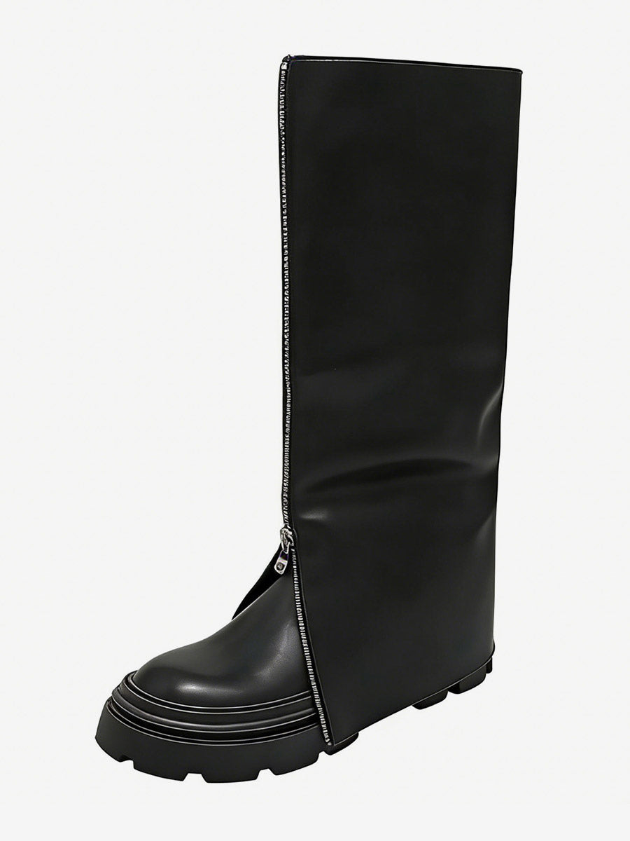 Black Round-Toe Zip Foldover Knee-High Boots — view 3