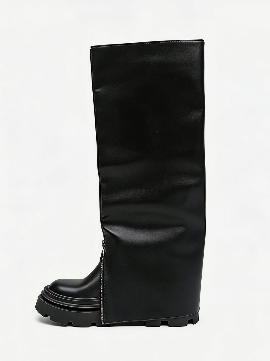 black round toe zip foldover knee high boots — view 2