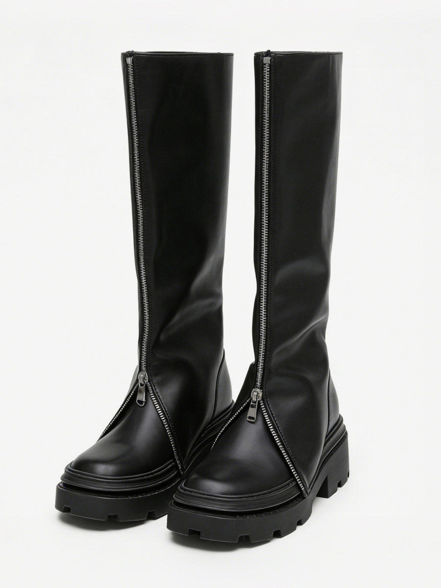 Black Round-Toe Zip Foldover Knee-High Boots — view 1