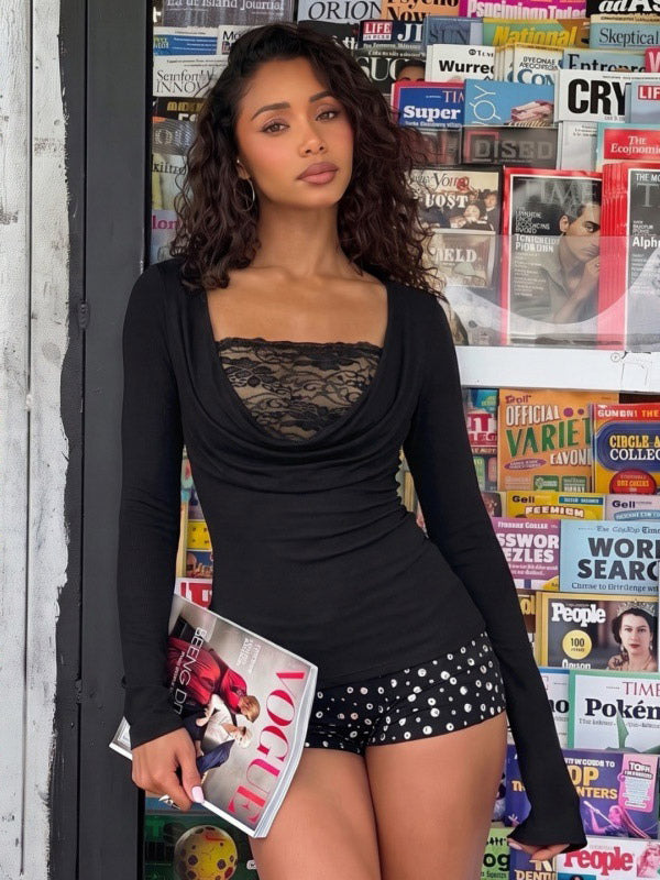 Black Long-Sleeve Fitted Lace Shirt — view 3