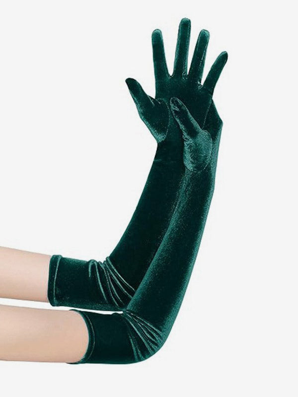 purple velvet longline bow detail gloves — view 1