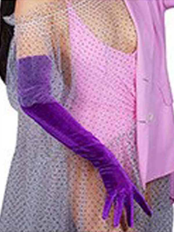 purple velvet longline bow detail gloves — view 2