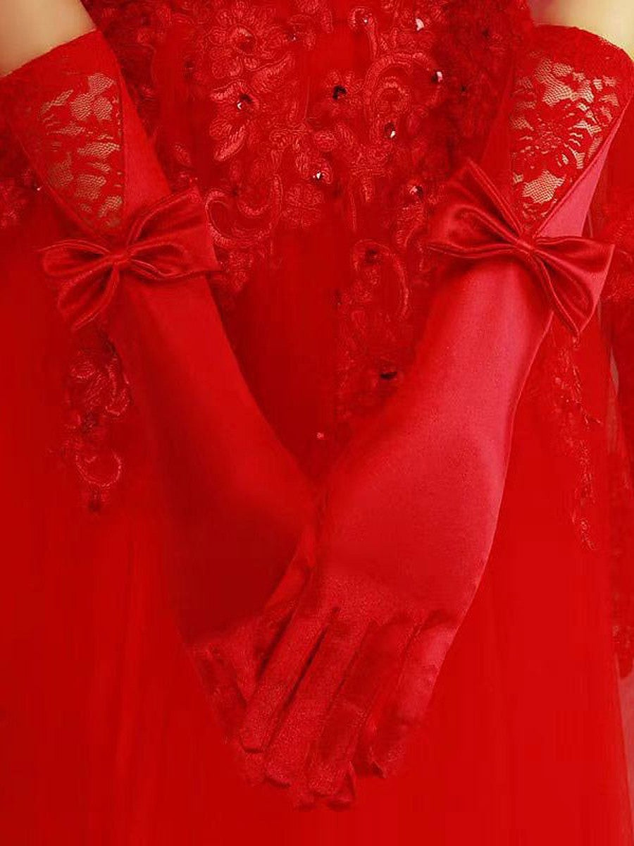Red Lace Satin Longline Gloves — view 1
