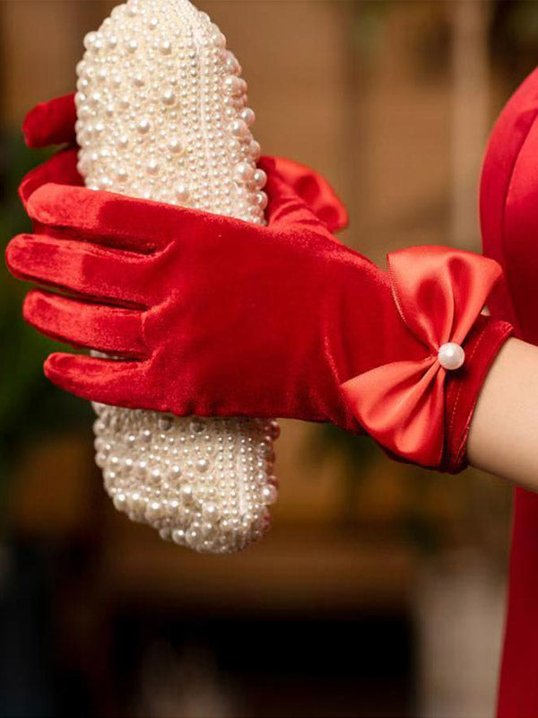 red velvet bow detail gloves — view 2