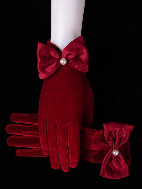 red velvet bow detail gloves — view 3
