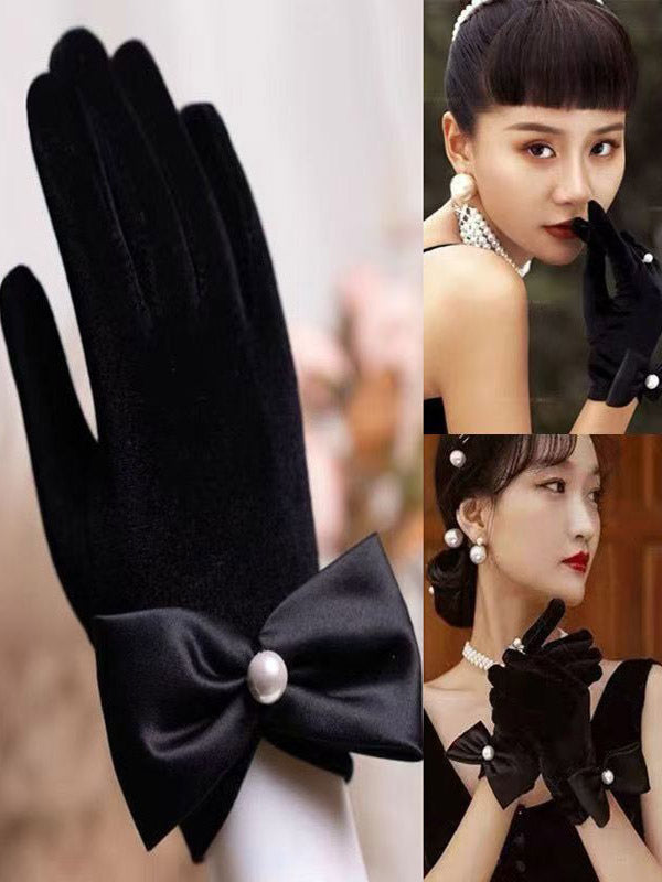 red velvet bow detail gloves — view 5