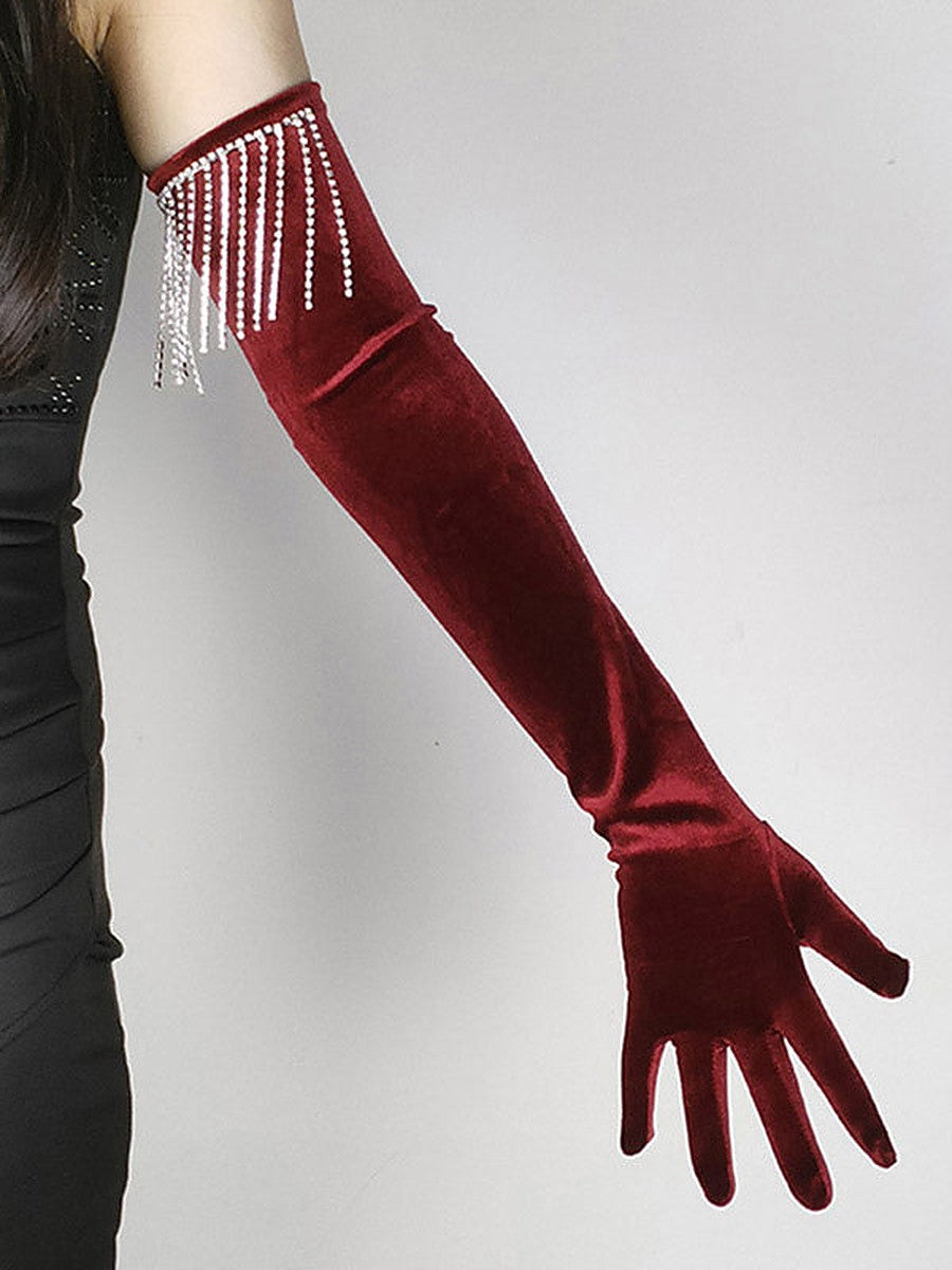 Burgundy Embellished Velvet Longline Gloves — view 1