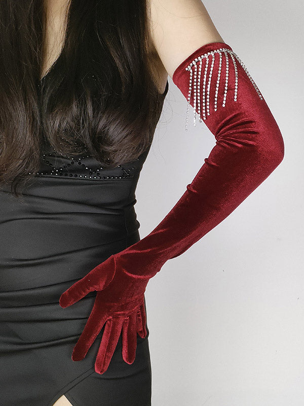 burgundy embellished velvet longline gloves — view 2
