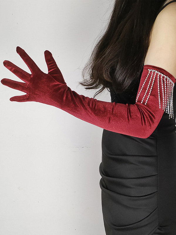 burgundy embellished velvet longline gloves — view 3