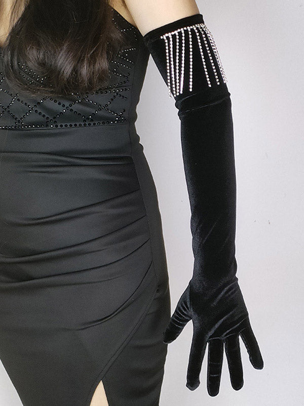 burgundy embellished velvet longline gloves — view 7