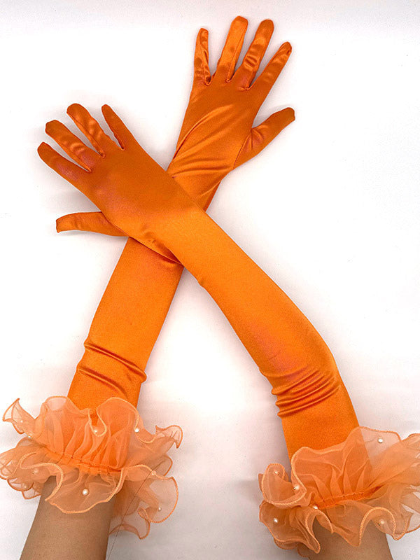 pink ruffle satin longline gloves — view 2