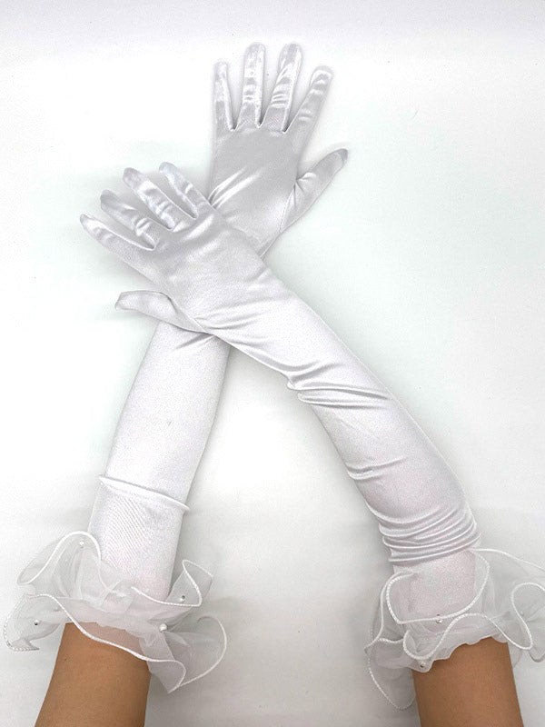 pink ruffle satin longline gloves — view 5