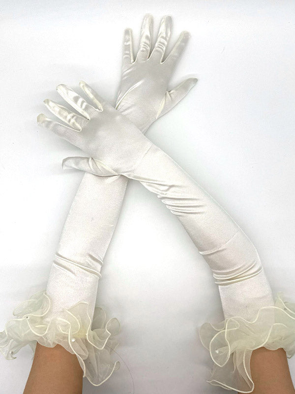 pink ruffle satin longline gloves — view 3