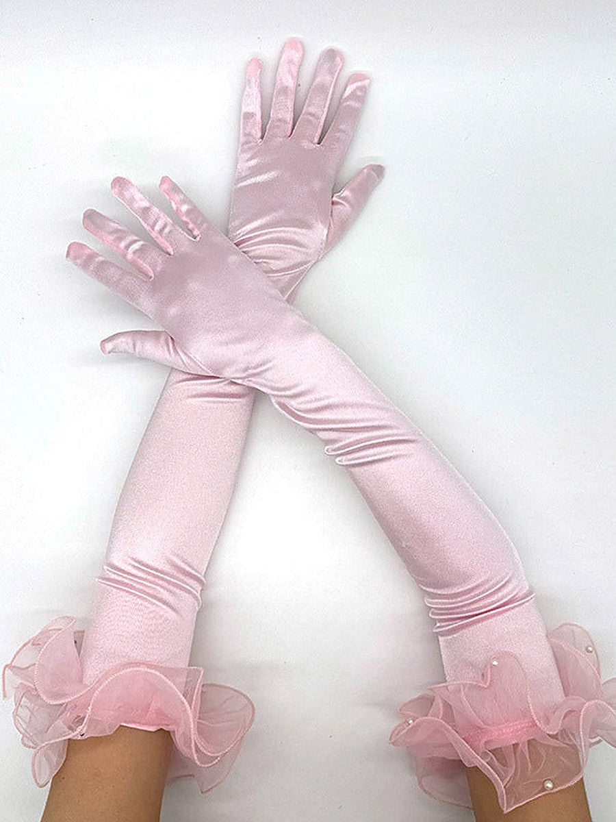 Pink Ruffle Satin Longline Gloves — view 1
