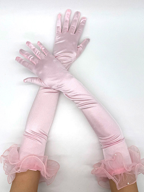 pink ruffle satin longline gloves — view 1