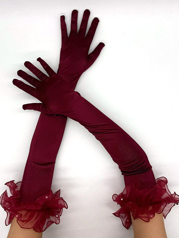 pink ruffle satin longline gloves — view 6