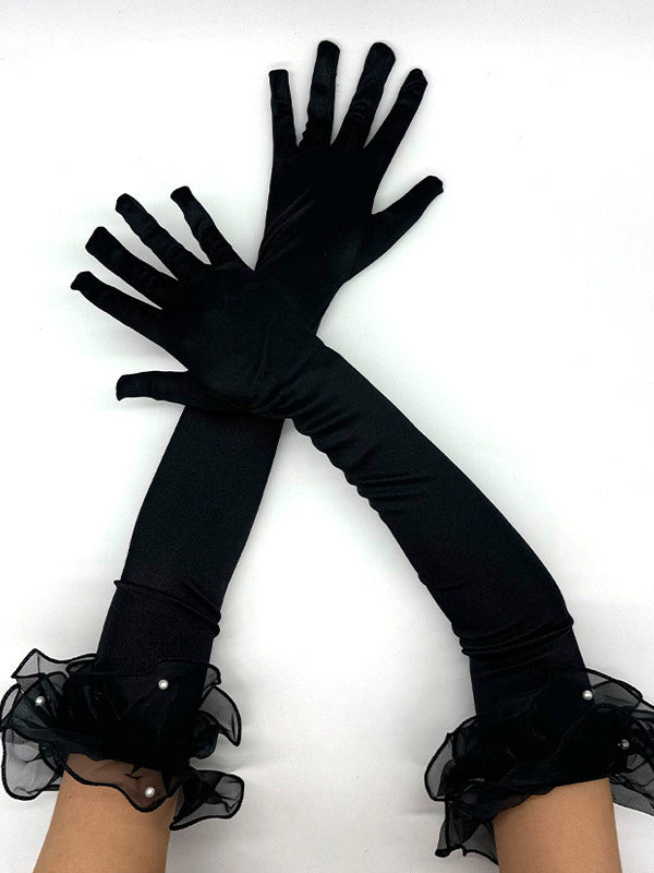 pink ruffle satin longline gloves — view 4