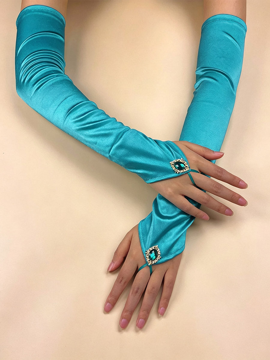 purple embellished satin longline gloves — view 3