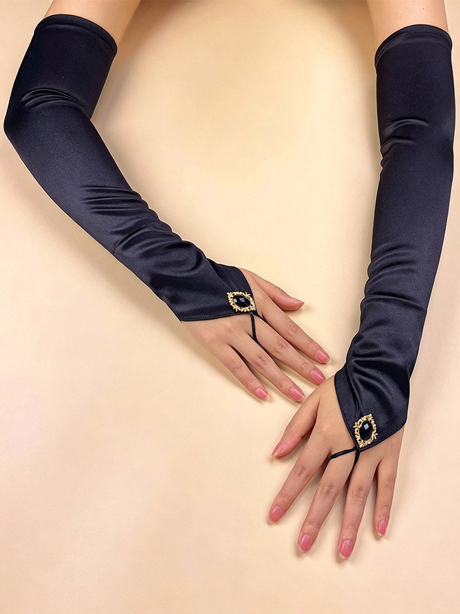 purple embellished satin longline gloves — view 9